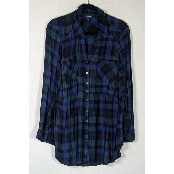 Torrid Size 2 V Neck Peplum Babydoll Tunic Button Down Flannel Plaid - Picture 1 of 5